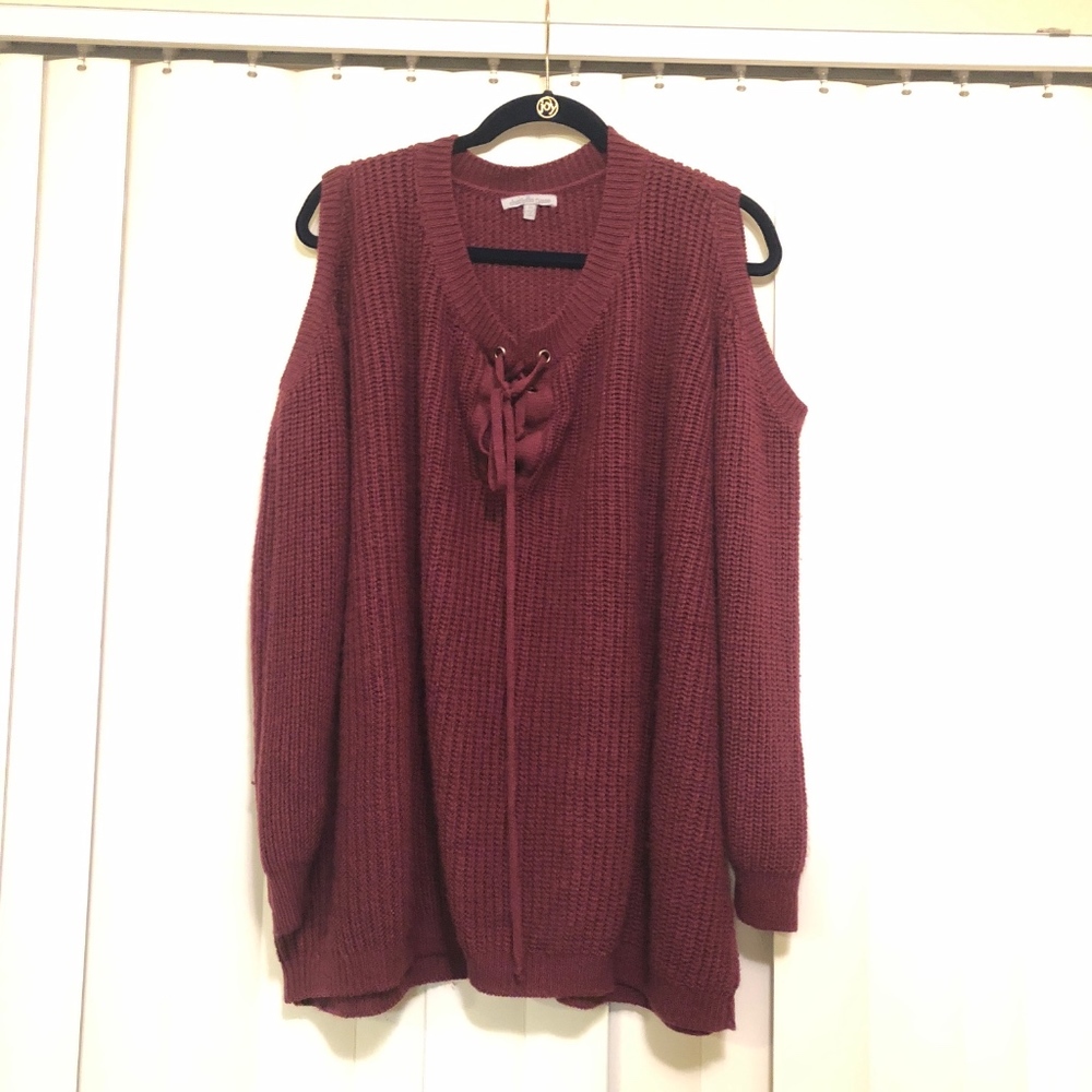 Long Cold Shoulder Lace-up Women's Sweater